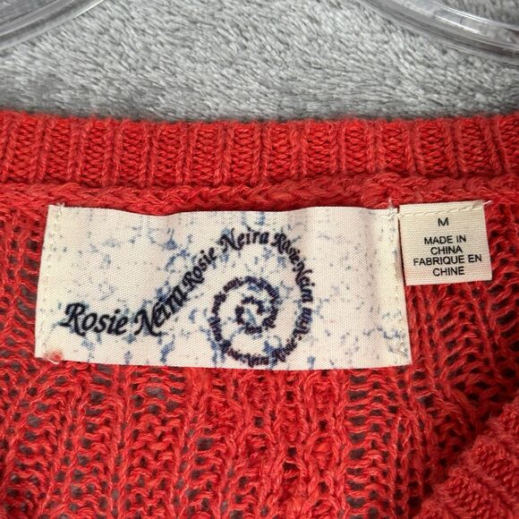 Rosie Neira Sweater Womens Medium‎ Orange Linen Blend Open Knit Casual Preppy - Picture 5 of 8
